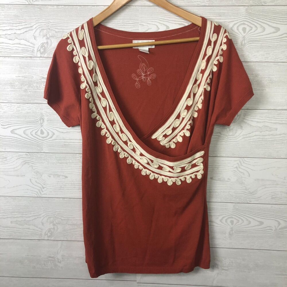 Soft Surroundings Womens Large Short Sleeve Knit Top Embellished Neckline Orange